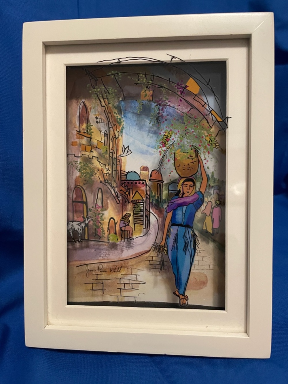 Jean Pierre Weill Framed Colorful Market Scene on glass.  3D. Signed  6 X 8